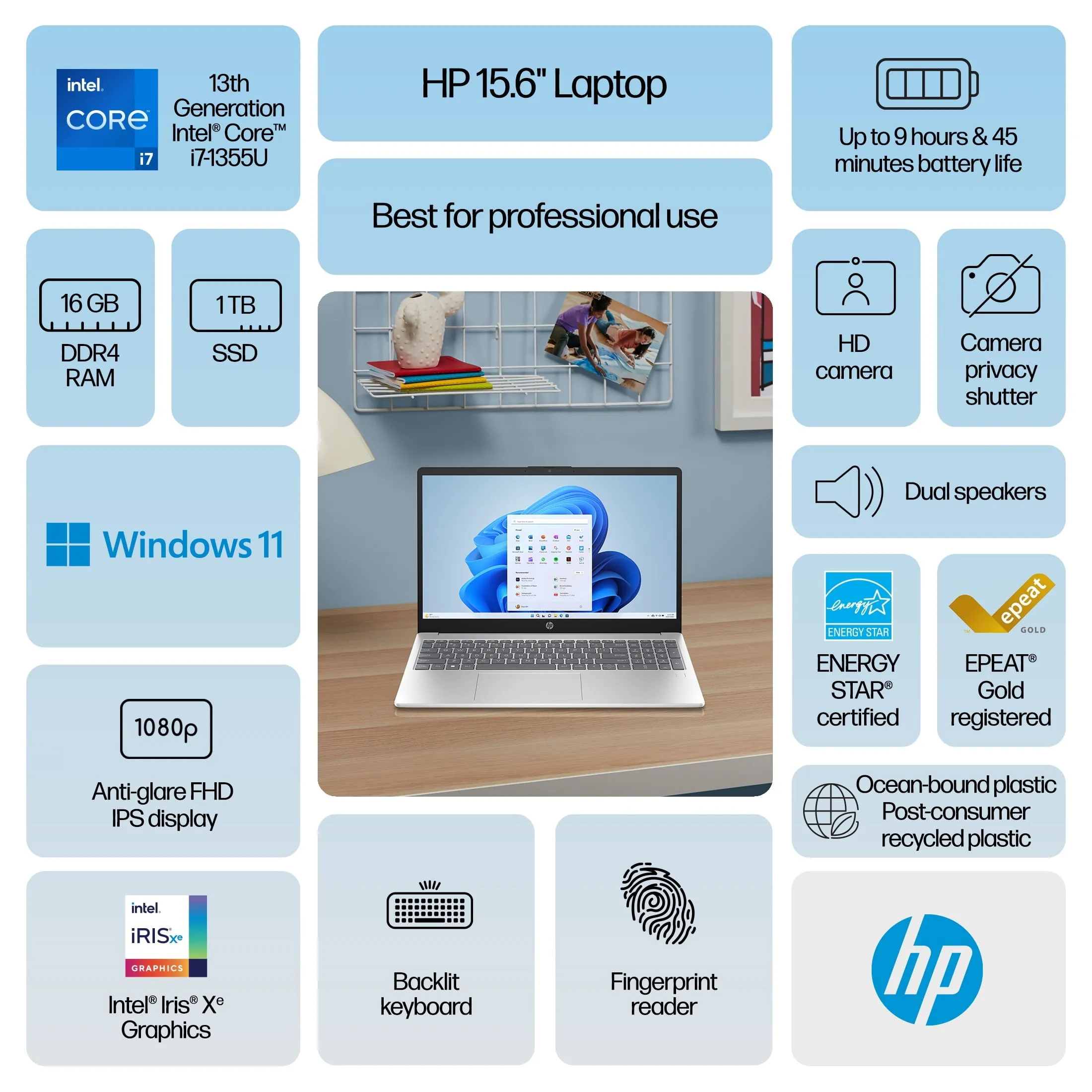 HP 15.6 inch Windows Laptop Intel Core i7-1355U 16GB RAM 1TB SSD Natural Silver